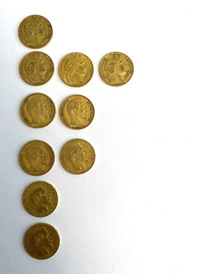 null FRANCE
Dix pièces de vingt Francs or, 1850, 1851, 1852, 1854, 1855, 1856. 
Poids...