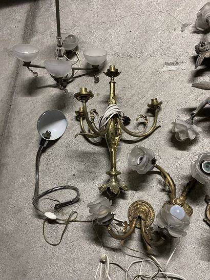 null Set of bronze and glass chandeliers, sconces, suspensions. 
as is 
