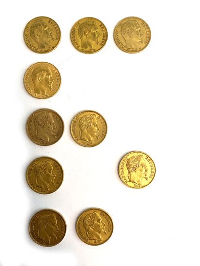 null FRANCE 
Dix pièces de vingt Francs or, Napoléon, 1859, 1860, 1864, 1865, 1868,...