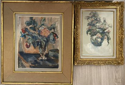 null École du XXe siècle 
Bouquets de fleur
Deux huiles sur toile. 
34,5 x 24 cm...