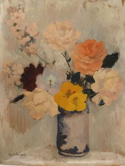 null Thérèse DÉBAINS (1907-1975) 
Vase de fleurs 
Huile sur panneau, signée en bas...
