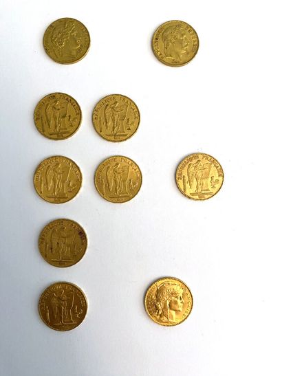 null FRANCE 
Dix pièces de vingt Francs or, 1850, 1869, 1878, 1887, 1893, 1898, 1907....