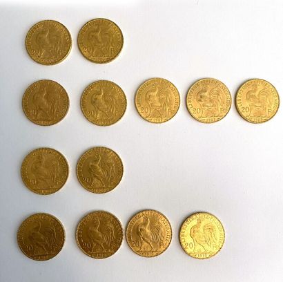null FRANCE 
Treize pièces de vingt Francs or, 1906, 1907, 1908, 1910. 
Poids : 84...