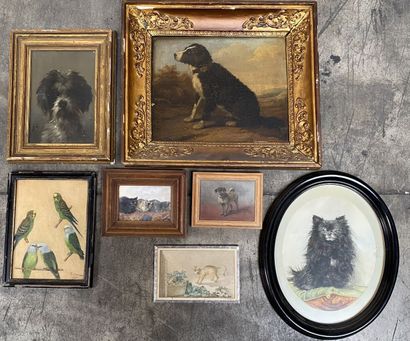 null Ensemble comprenant des huiles et dessins figurant des chiens.
Certains signés.

On...