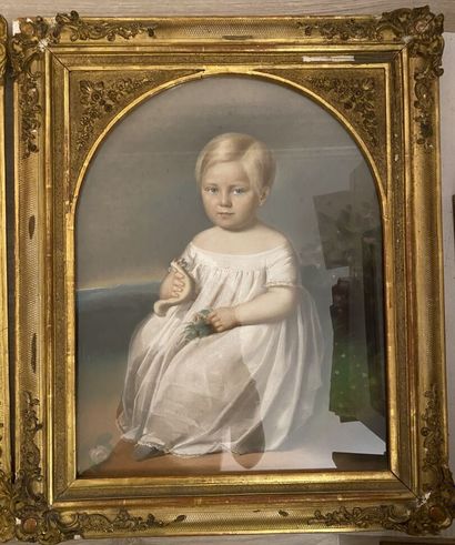 null École française du XIXe siècle 
Portraits d'enfants assis, tenants une poupée...