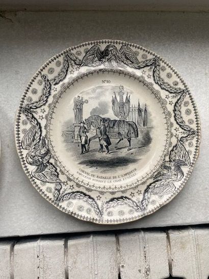 null Meeting of fine earthenware plates with grisaille decoration on different themes...