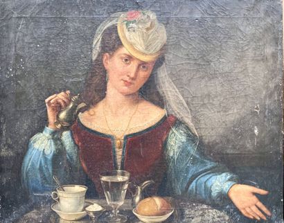 null Ecole française du XIXe siècle
Le thé
Huile sur toile 
63,5 x 79 cm 
(Trous,...