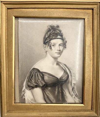null Miniature rectangulaire à décor peint en grisaille d'une femme. 
XIXe siècle
7,5...