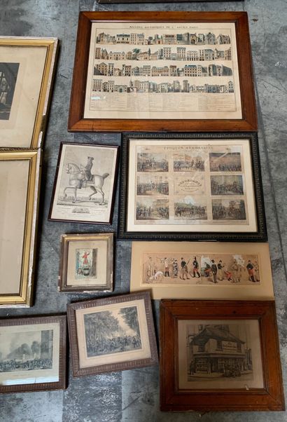 null Lot of framed engravings representing hunting scenes, family scenes and architectural...