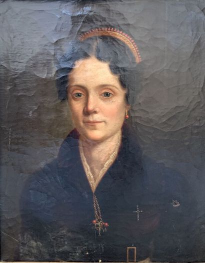 null Ecole du XIXe siècle
Portrait de femme au diadème corail.
Huile sur toile.
57...