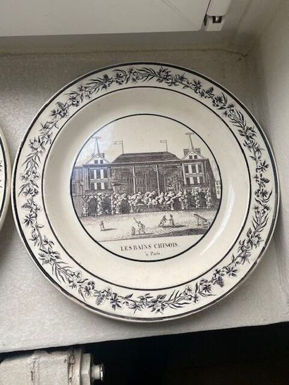 null Meeting of fine earthenware plates with grisaille decoration on different themes...