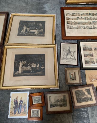 null Lot of framed engravings representing hunting scenes, family scenes and architectural...