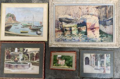null Lot of watercolors, drawings and framed reproductions representing seascapes,...
