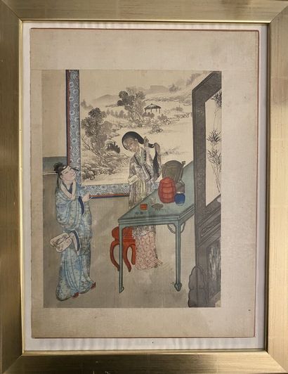 null CHIINE, XIXe siècle 
Peinture sur soie figurant une femme à sa toilette et un...