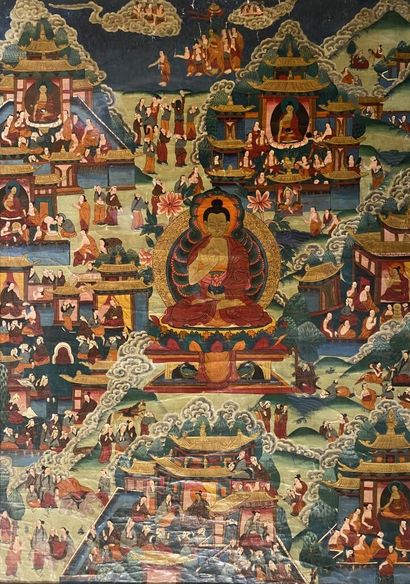 null TIBET, XXe siècle 
Thangka, détrempe sur toile, bouddha au centre entouré de...