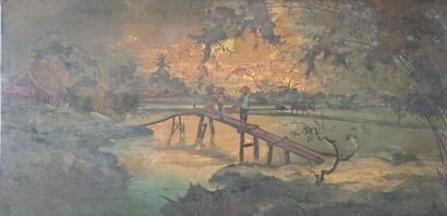 null * École vietnamienne du XXe siècle 
Paysage animé au pont
Laque sur panneau
60,5...