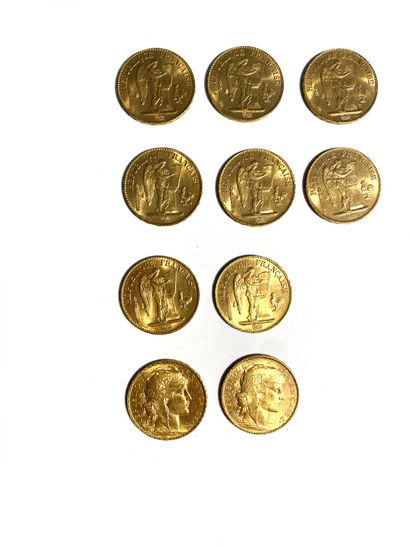 null FRANCE, Ten coins of twenty gold francs, 1895, 1906 and 1907. 
Total weight:...