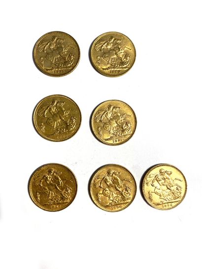 null ENGLAND, Seven gold sovereigns, Victoria, 1873, 1880, 1888, 1891, 1896. 
Total...