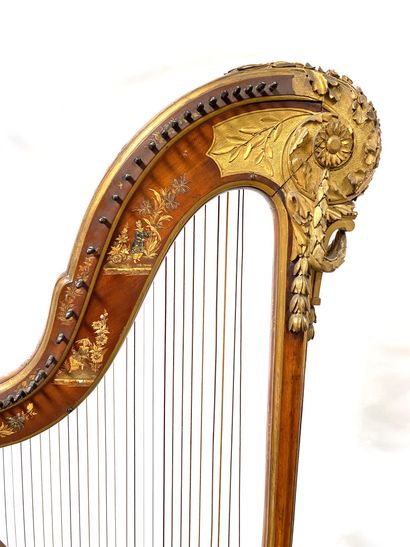 null Stained wood stock HARP with painted decoration of animated landscapes, chinoiseries,...