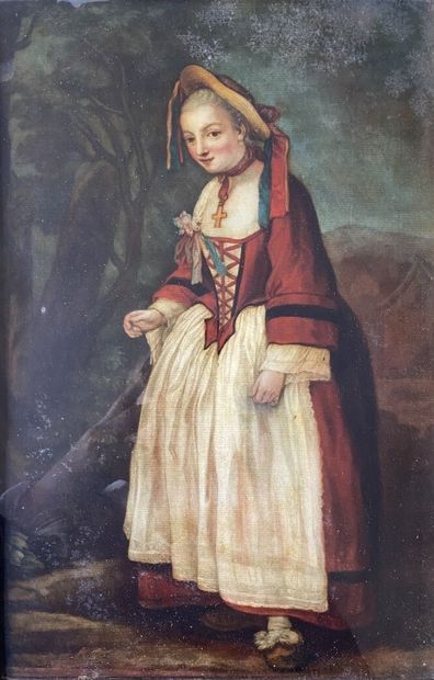 null École du XIXe siècle 
Jeune femme au chapeau dans un sous bois. 
Gravure fixée...