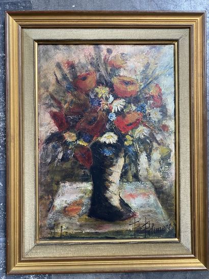 null Paolo POLIMENO (1919-2007)
Bouquet de fleurs sur un entablement
Huile sur toile,...