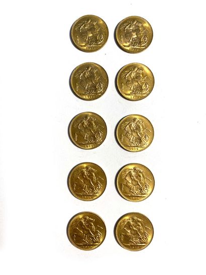 null ENGLAND, Ten gold sovereigns, George V, 1919. 
Total weight: 79.9 g

Sales charge:...