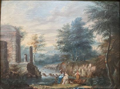 null École française du XVIIIe siècle 
Scènes animées dans des paysages de ruines...