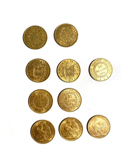 FRANCE, Ten twenty-franc gold coins, 1854,...