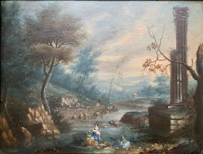 null French school of the 18th century 
Lively scenes in ruined landscapes 
Two oils...