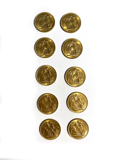 null ENGLAND, Ten gold sovereigns, George V, 1919. 
Total weight: 79.9 g

Sales charge:...