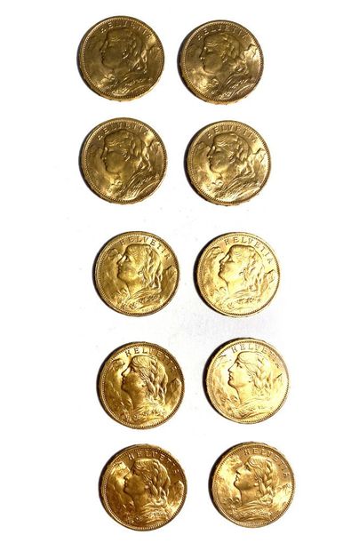 null SWITZERLAND, Ten 20 Swiss franc gold coins, 1916. 
Total weight: 64.5 g 

Sales...