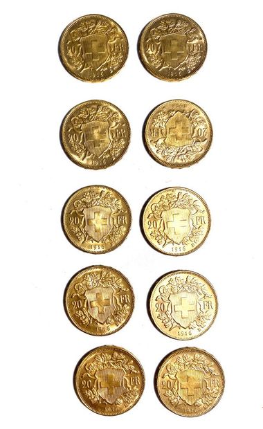 null SUISSE, Dix pièces en or de 20 francs suisse, 1916. 
Poids total : 64,5 g 

Frais...
