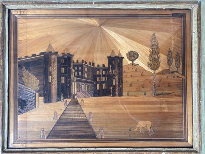 null 19th century school 
View of a fortress in a landscape
Straw marquetry tableautin.
24.5...