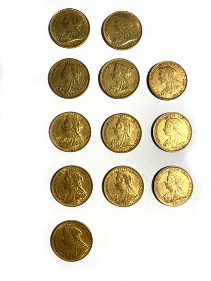 null ENGLAND, Twelve gold sovereigns, Victoria, 1893, 1894, 1895. 

Sales charge:...