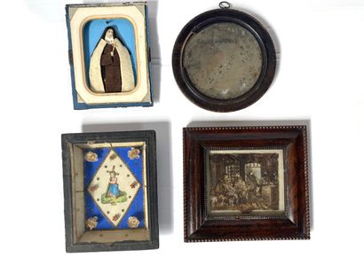 null Four small framed pieces including a round mirror (damaged), two religious images,...