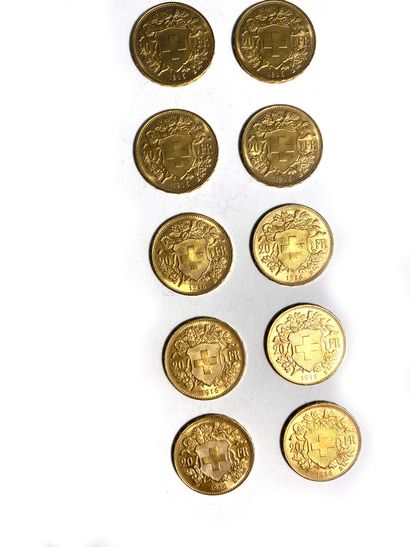 null SWITZERLAND, ten 20 Swiss franc gold coins, 1916. 
Total weight: 64.5 g 

Sales...