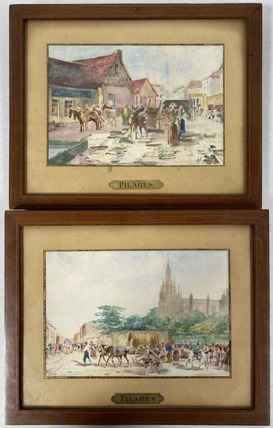 null PILARES
Village scenes
Two watercolors, signed lower right and lower left. 
16...