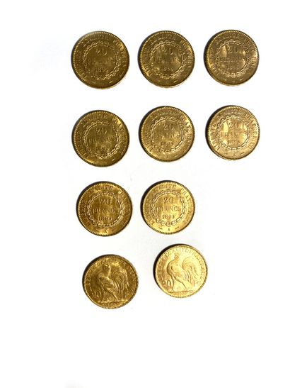 FRANCE, Ten coins of twenty gold francs,...