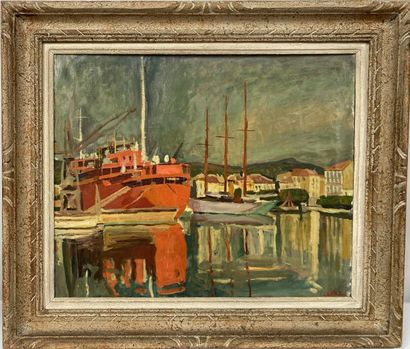 null Modern school 
View of a port 
Oil on canvas, signed lower right 
50 x 61 cm...