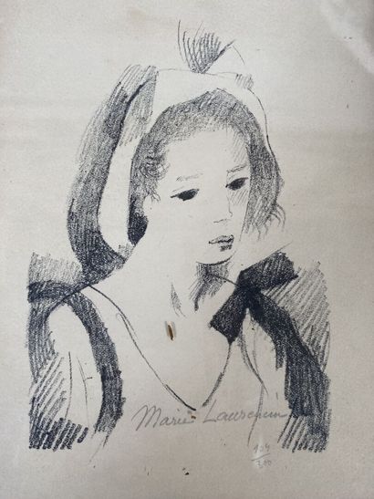 null Ensemble de pièces encadrées comprenant : 
- Marie LAURENCIN, Portrait de jeune...