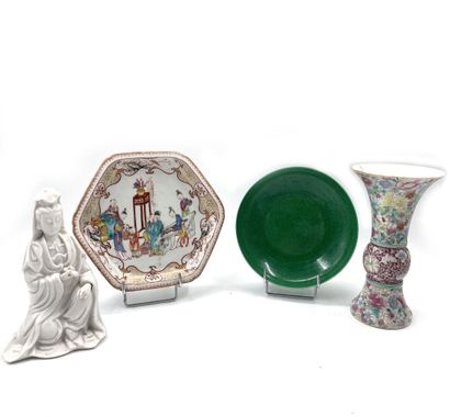 null China
Lot comprising a China White guanyin figure, an octagonal bowl with polychrome...