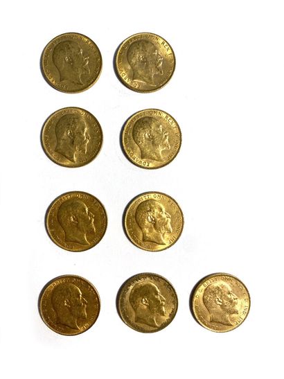 null ENGLAND, Nine gold sovereigns, Edward VII, 1902, 1904, 1906, 1907, 1909, 1910....