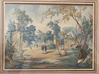null French school of the 18th century 
Lively scene in a garden
Watercolor and gouache...