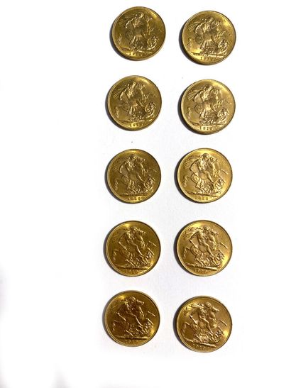 ENGLAND, Ten gold sovereigns, George V, 1919....