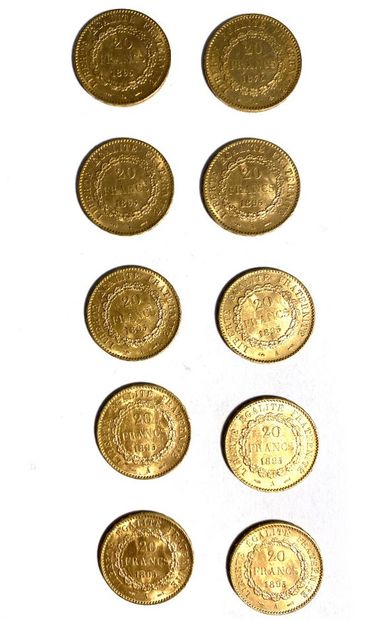 FRANCE, Ten 20-franc gold coins, 1895 and...