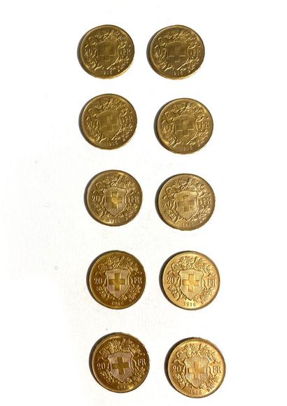 null SUISSE, Dix pièces en or de 20 francs suisse, 1916. 
Poids total : 64,6 g 

Frais...