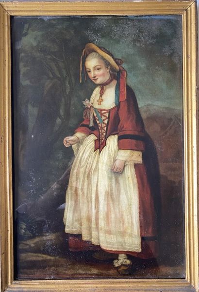 null École du XIXe siècle 
Jeune femme au chapeau dans un sous bois. 
Gravure fixée...