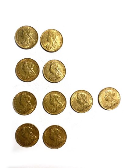 null ENGLAND, ten gold sovereigns, Victoria, 1897, 1898, 1899, 1900 and 1901. 
Total...