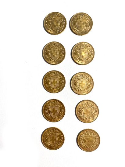 * SWITZERLAND, Ten 20 Swiss franc gold coins,...