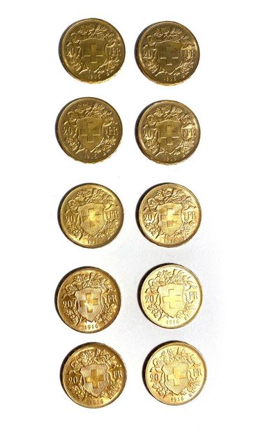 SWITZERLAND, Ten 20 Swiss franc gold coins,...